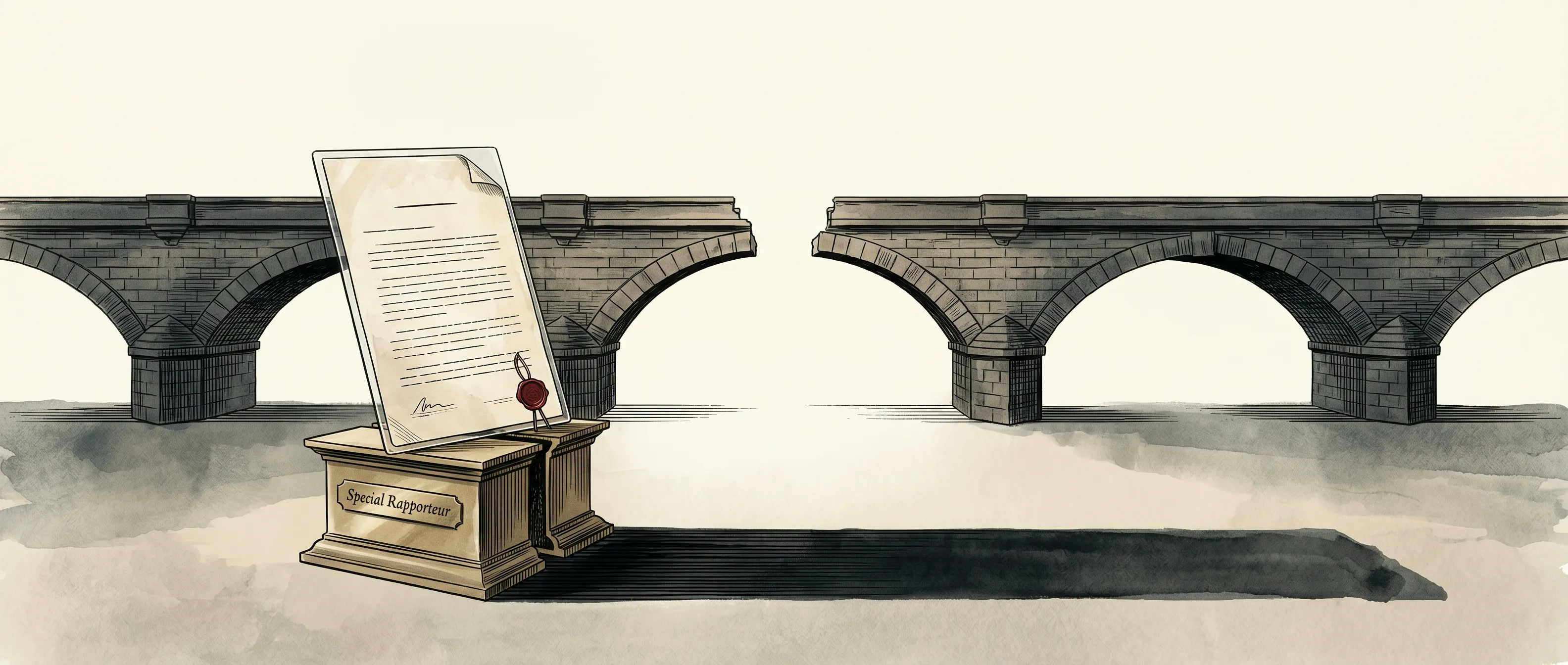 Editorial illustration: a stone-arched institutional rotunda interior, with a tall lectern bearing the United Nations emblem; on the lectern, an open report whose pages dissolve into smoke as a magnifying glass passes over them; behind the lectern, a stone bridge with arches receding into the distance.