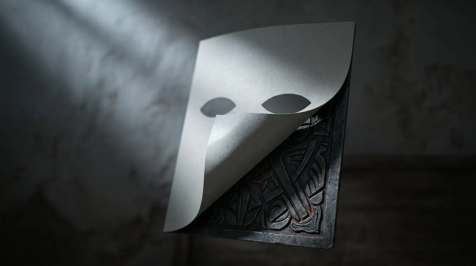 Editorial illustration: a thin blank white mask peeling away at one corner to reveal an older, darker engraved pattern beneath it, lit by a single shaft of light in a shadowed room.