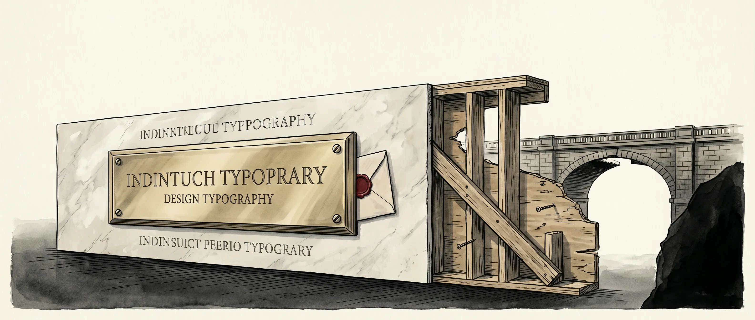 Editorial illustration: a marble courthouse pediment carved with the words HUMAN RIGHTS MONITOR, but the front column is hollow — the marble facade is a thin shell propped against an empty steel scaffold behind. A line of journalists with notepads queues at the door, copying down whatever is read out from inside. Behind them, a stone bridge with arches spans a chasm.