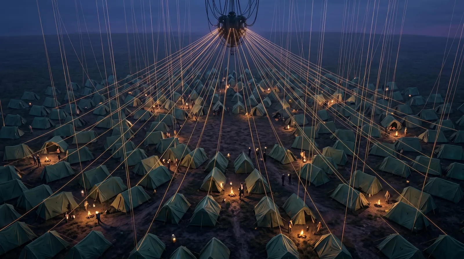 Editorial illustration: an overhead view of a field of identical encampment tents at twilight, with fine taut threads from every tent converging upward on a single concealed control node above the field.