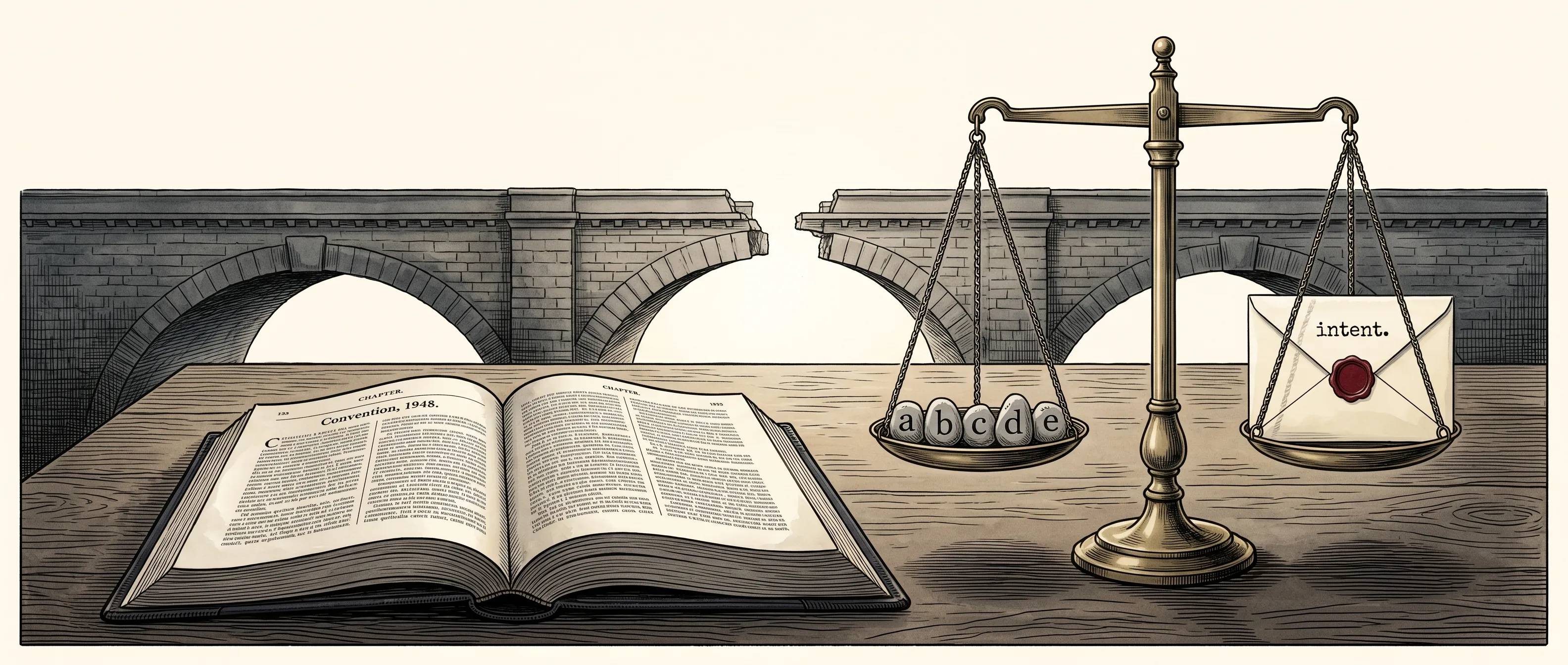 Editorial illustration: a leather-bound 1948 Genocide Convention beside a verifiable-record ledger, with a Hamas-flag-imprinted envelope on the unfavorable side of a brass balance scale; behind the scale, a stone bridge with arches spans a chasm at dusk.