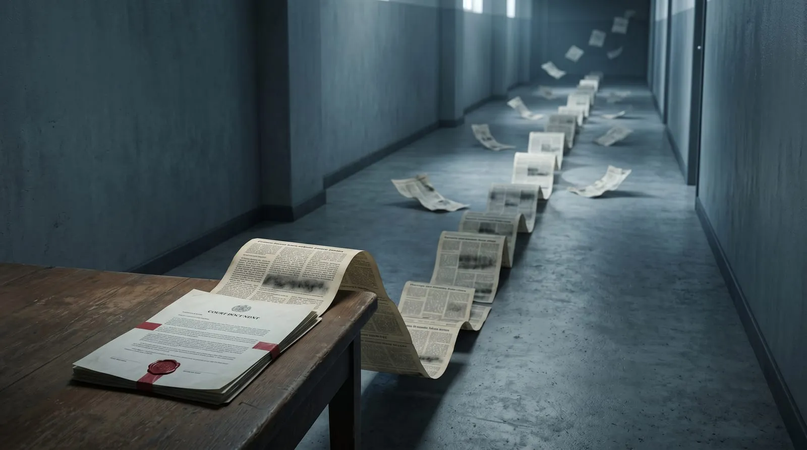 Editorial illustration: a sealed official court document on a wooden table, from which a long ribbon of identical newspaper pages cascades and scatters down a dim institutional corridor, each copy fainter and more warped than the last.