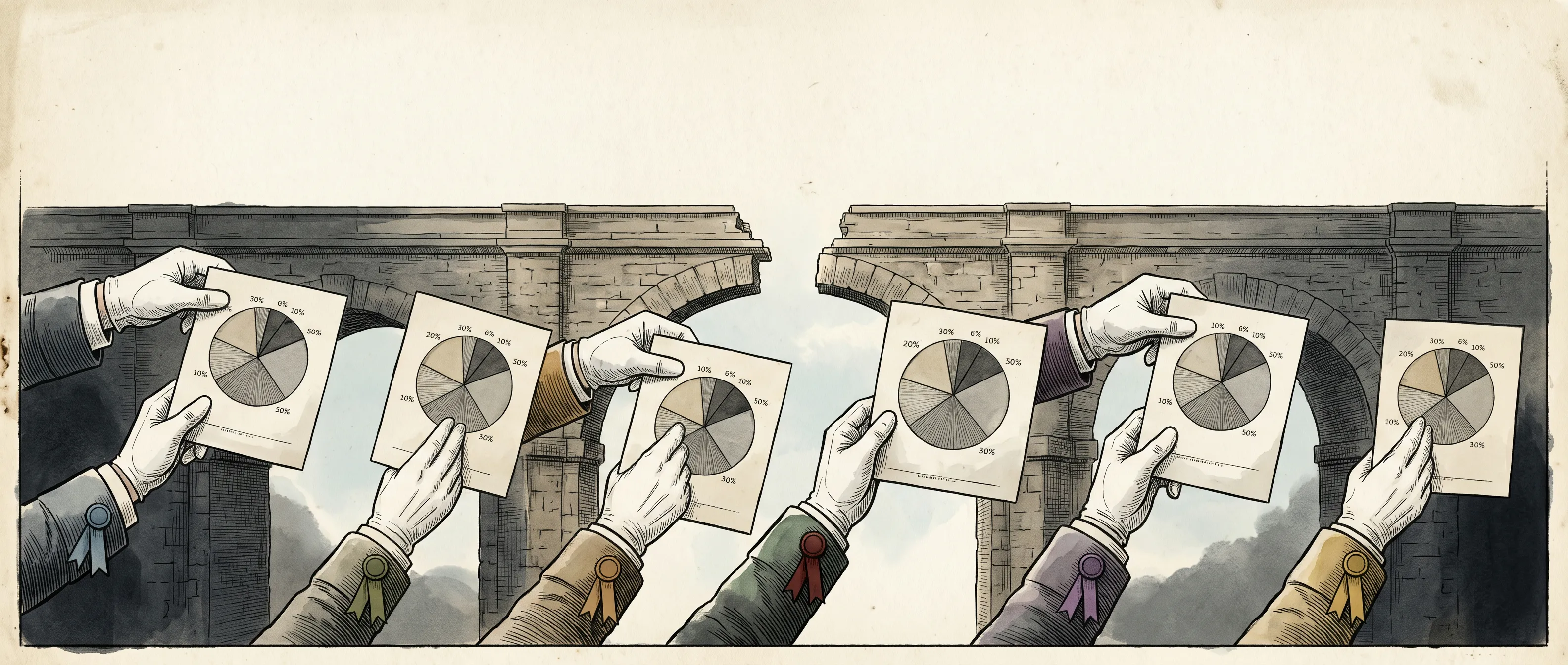 Editorial illustration: a single document on a podium at the center, with arrows fanning outward to seven identical photocopies arranged in a semicircle, each photocopy slightly enlarged and labelled with a different outlet logo silhouette. Behind the cascade, a stone bridge with arches spans a chasm.