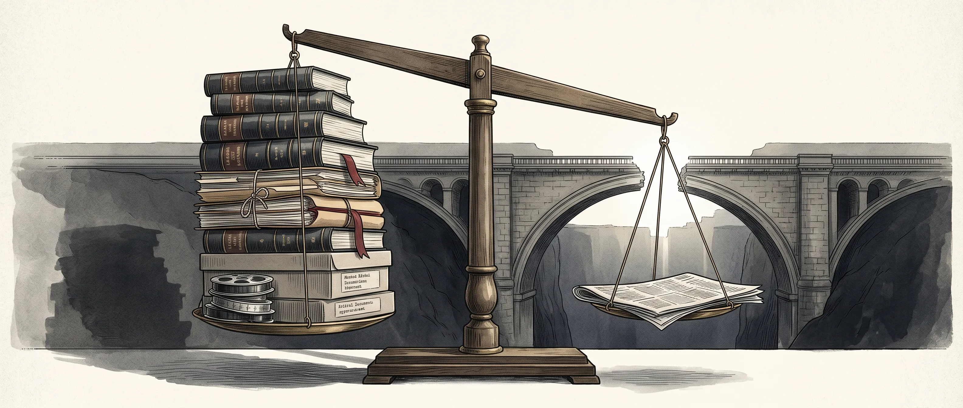 Editorial illustration: a wooden architect's beam balance, weighted heavily on one side by a tall stack of bound document volumes, manila evidence folders, and microfilm reels; the other side holds a single folded newspaper, alone. Behind the balance, a stone bridge with arches spans a chasm.