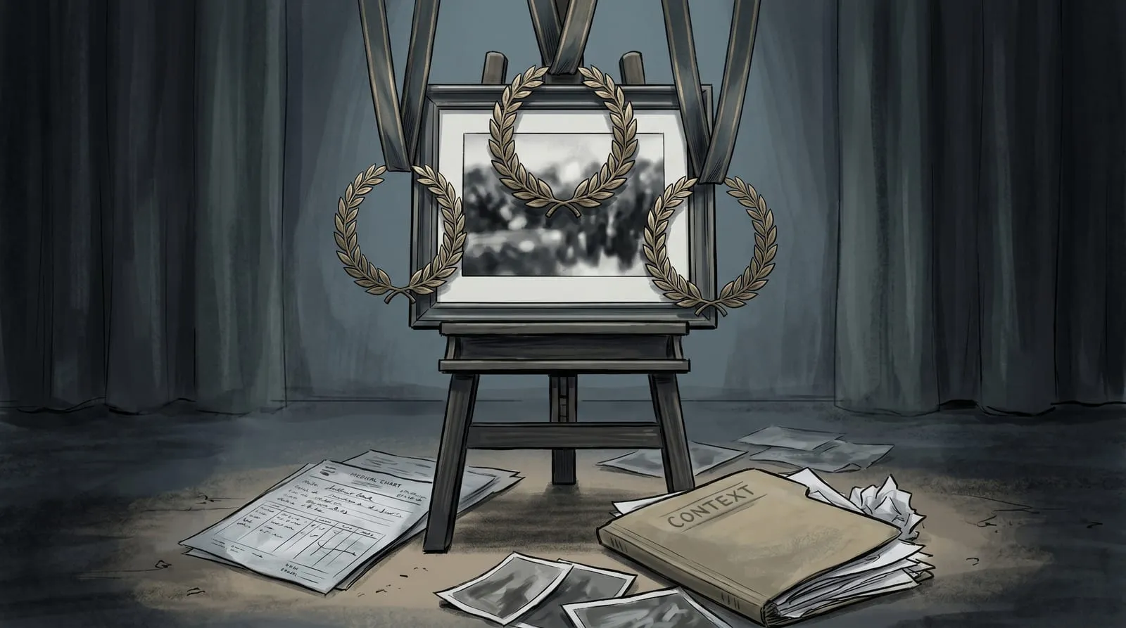 Editorial illustration: a framed black-and-white photograph on a wooden gallery easel, encircled and crowned by three golden laurel wreaths; on the floor beneath it lie a discarded medical chart, a folder labeled CONTEXT, and several crumpled, face-down photographs — the omitted record.
