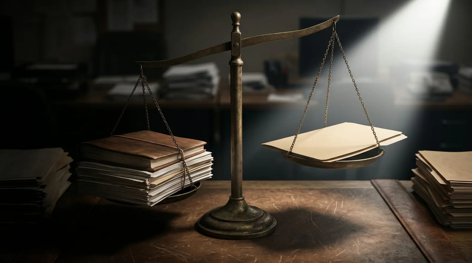 Editorial illustration: an unbalanced antique brass scale on a dim newsroom desk, a thick bound dossier weighing one pan down into shadow while a thin near-empty folder rides high in a bright spotlight.