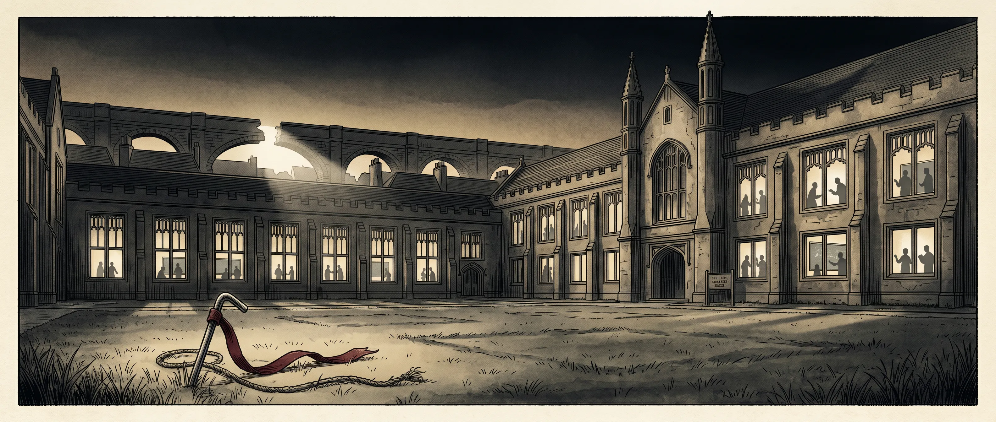 Editorial illustration: an empty quadrangle at dusk where a tent encampment has just been struck — wooden stakes still in the ground, tarpaulin folded — while behind the camera a long line of laptops glow in dorm windows, a faculty lectern stands lit on a stage, and a commencement banner hangs unfurled. Behind it all, a stone bridge spans a chasm.