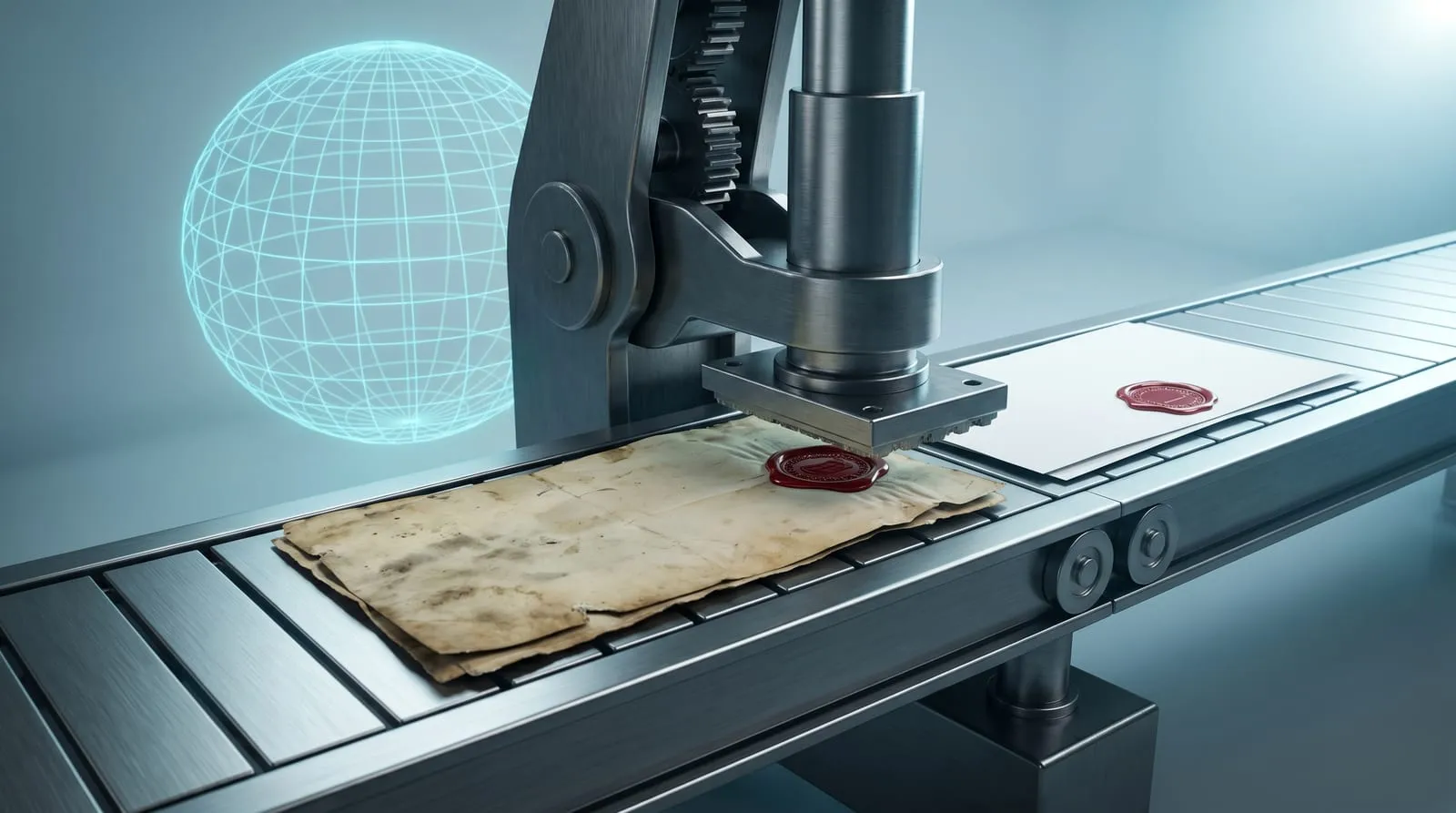 Editorial illustration: a stained old document on a steel conveyor passing beneath an industrial embossing press that stamps a red wax seal, emerging as a clean white sealed document, with a glowing wireframe globe behind.